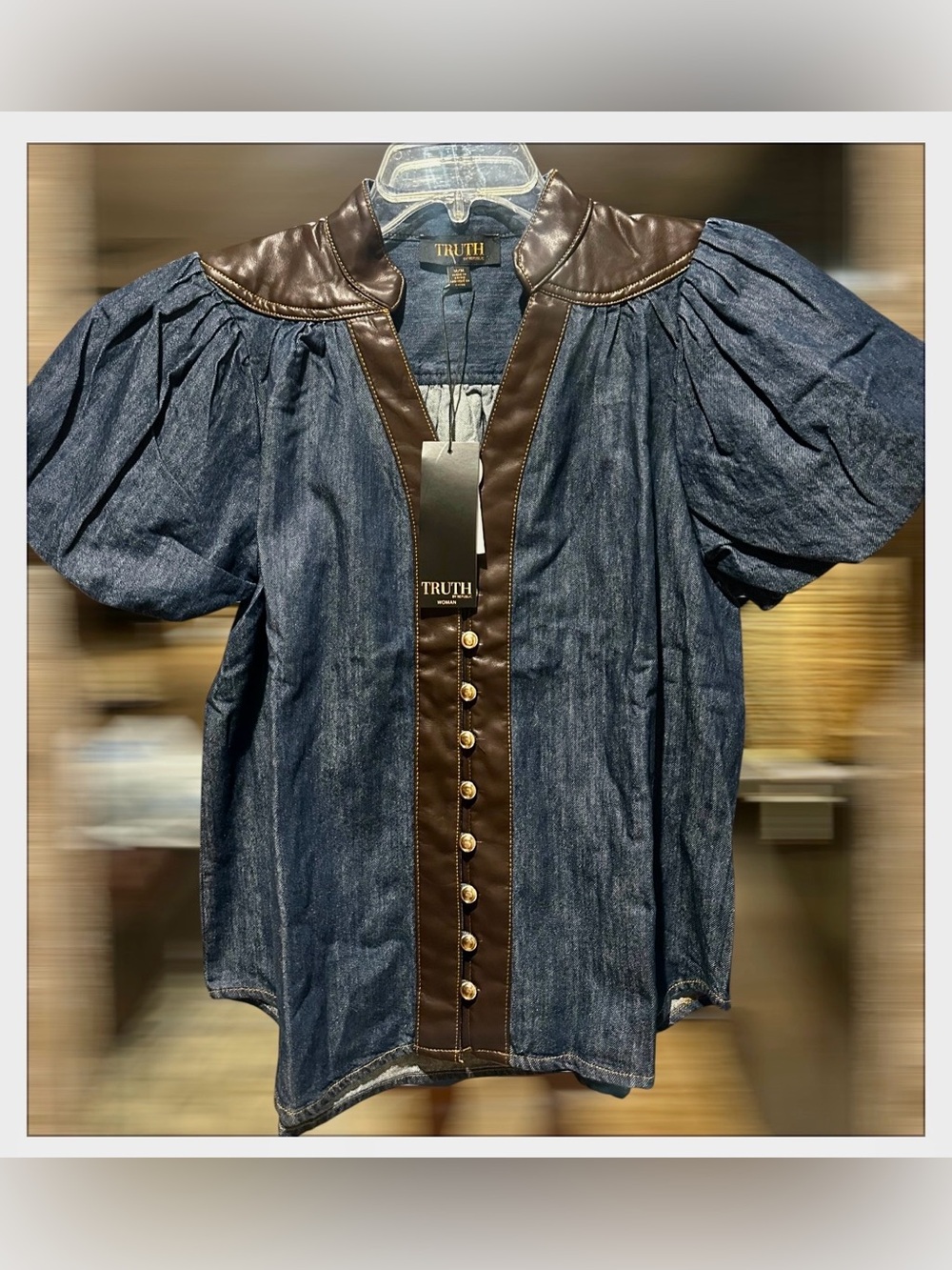 Truth Women’s Denim Puff Sleeve Button Front V-Neck Blouse - Size M